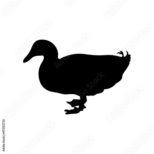 Black silhouette of duck isolated on white background