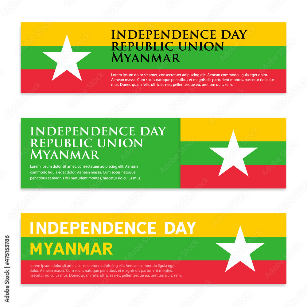 Set of panoramic banners with place for text, copy space. Independence Day of the Republic of Myanmar. Holiday concept Set of panoramic banners with place for text, copy space. Independence Day of the Republic of Myanmar. Holiday concept