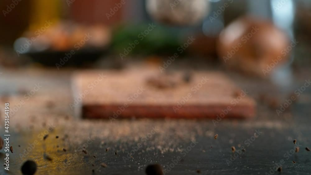 Super slow motion of hitting mortar pestle on allspice. Filmed on high speed camera, 1000 fps. Camera in motion control effect. Ramp speed effect. Super slow motion of hitting mortar pestle on allspice. Filmed on high speed camera, 1000 fps. Camera in motion control effect. Ramp speed effect.