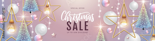 Winter sale poster with christmas holiday decorations. Christmas and New Year background. Vector illustration