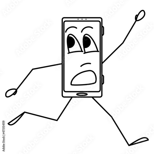 A humanoid stylized smartphone runs with an emotion on the display. Running away, fear, salvation, haste. Vector icon, outline, cartoon, isolated