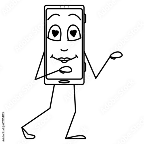 A smartphone in love attracts to itself. Smartphone with emotion, humanization, stylization. Vector icon, outline, cartoon, isolated