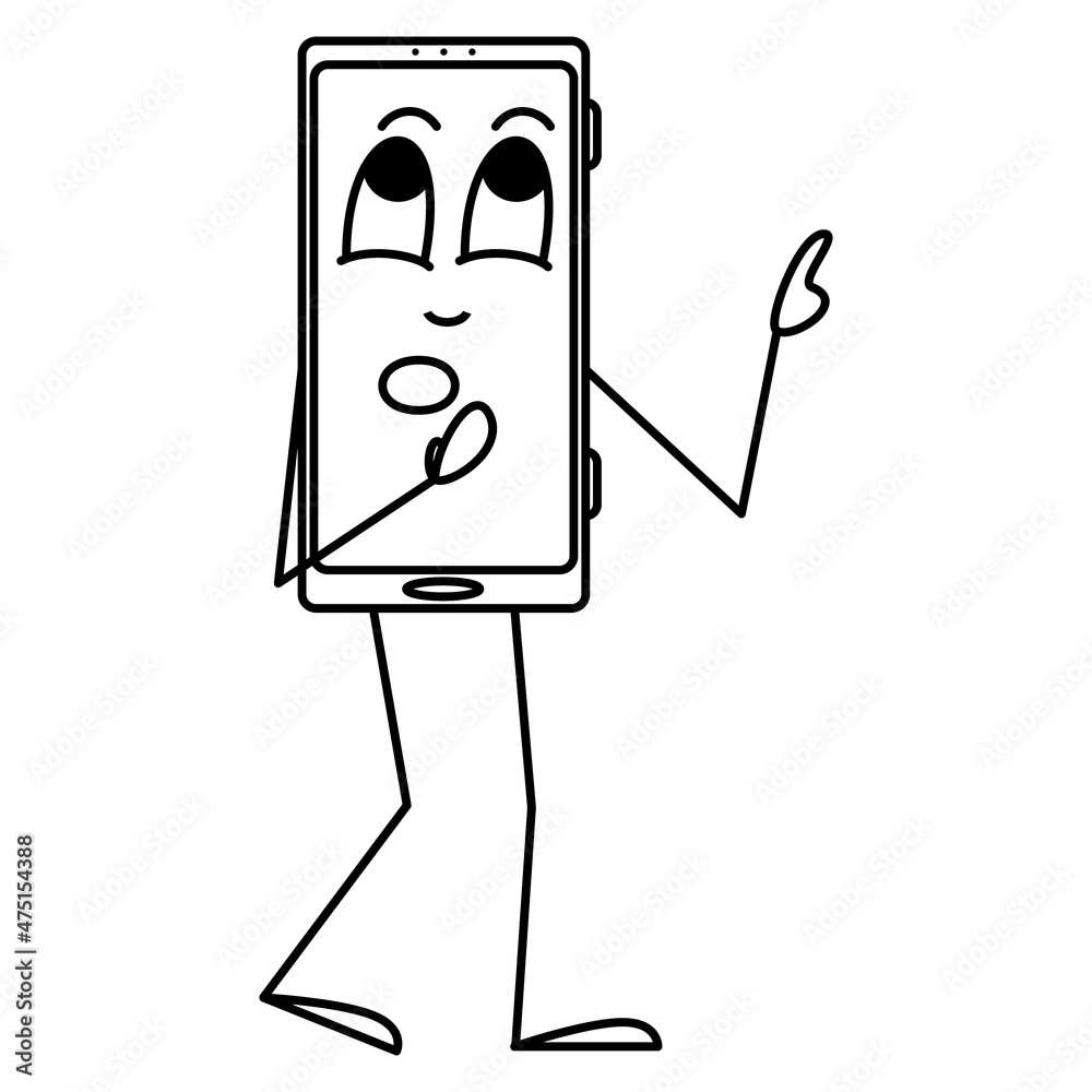 The smartphone cautiously points with its hand at something. Humanization of a smartphone with emotion, stylization of a gadget. Vector icon, outline, cartoon, isolated The smartphone cautiously points with its hand at something. Humanization of a smartphone with emotion, stylization of a gadget. Vector icon, outline, cartoon, isolated