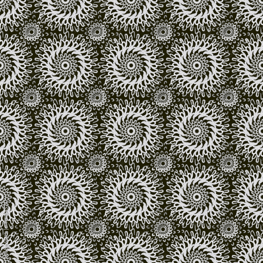 Seamless geometric pattern of mandalas, circles. A white ornament on a black background, hand-drawn. Retro style. Design of the background, interior, wallpaper, textiles, fabric, packaging.