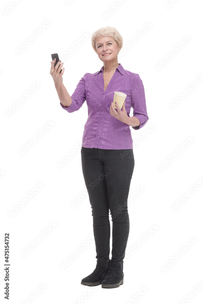 smiling mature woman with smartphone and coffee to takeaway. smiling mature woman with smartphone and coffee to takeaway.