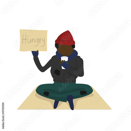Homeless dark skin man with a text Hungry