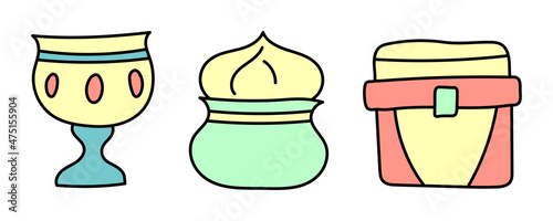 Set of hand-drawn vector grain biblical magi with gifts in doodle style on white background.