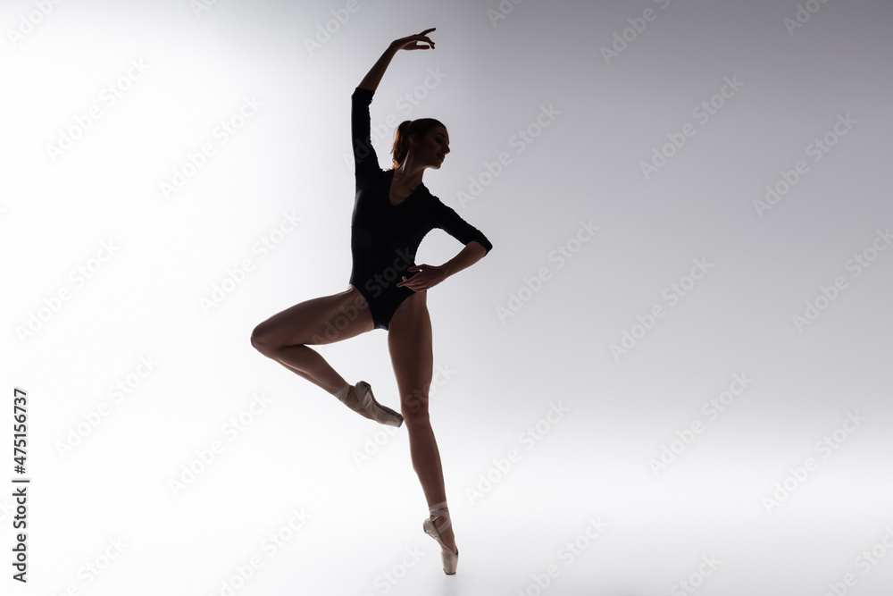 silhouette of ballerina in bodysuit dancing on gray