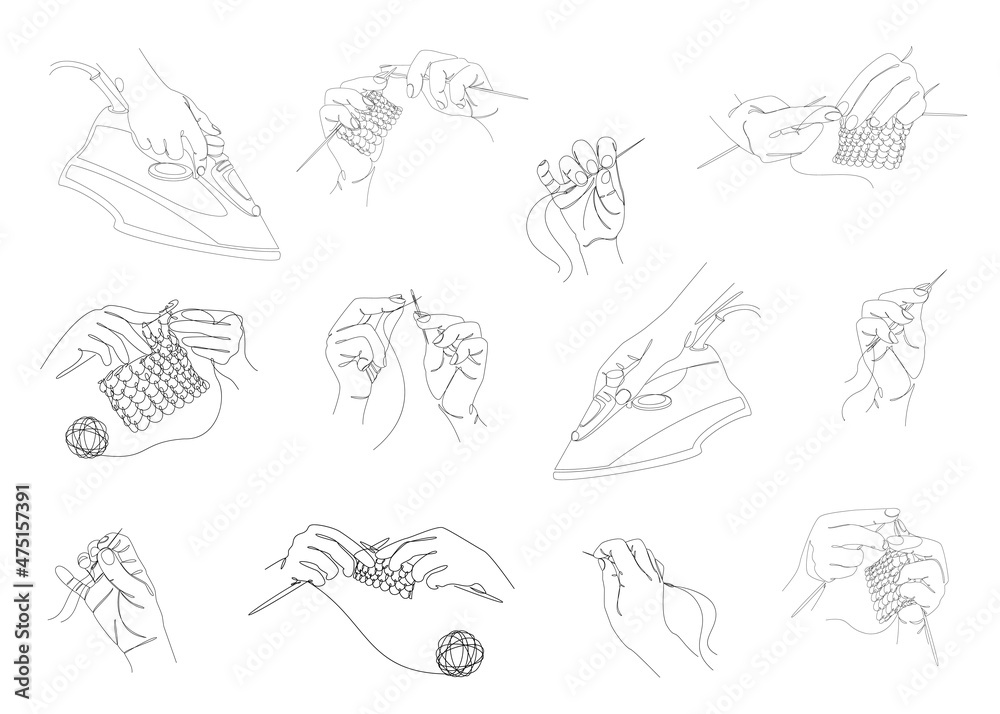 Collection. Silhouettes of human hands with a needle, knitting needles, iron in a modern style in one line. Solid line, sketches, posters, wallpaper, stickers, logo. Set of vector illustrations.
