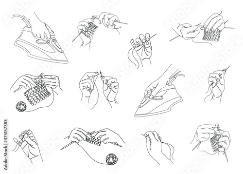Collection. Silhouettes of human hands with a needle, knitting needles, iron in a modern style in one line. Solid line, sketches, posters, wallpaper, stickers, logo. Set of vector illustrations.