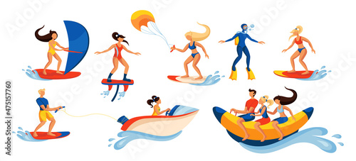 People doing different water sports vector illustrations set. Cartoon characters surfing  diving  windsurfing in sea or ocean isolated on white background. Outdoor activity  summer  recreation concept