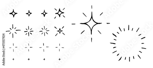 Hand drawn vector rhomb shining stars and fireworks. Doodle flare christmas and new year simple design elements. Vector sketch eps set
