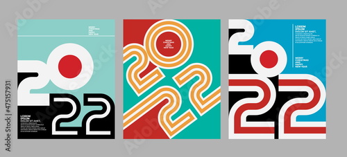 2022 Colorful set of Happy New Year posters. Abstract design with typography style. Vector logo 2022 for celebration and season decoration, backgrounds for branding, banner, cover, card and more.