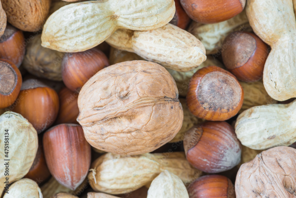 Mixed dried fruit with shell, close up and top view (hazelnuts, walnuts, peanuts). Selective focus Mixed dried fruit with shell, close up and top view (hazelnuts, walnuts, peanuts). Selective focus