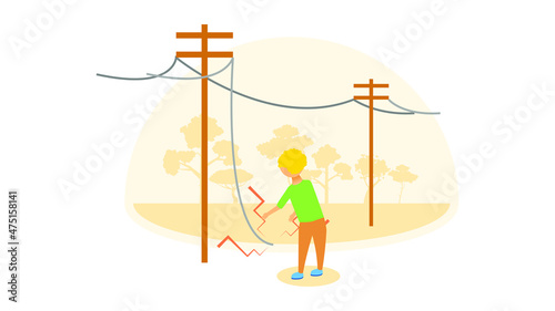 Abstract Flat Boy Grabbing Power Line Wire Electric Shock First Aid Cartoon People Character Concept Illustration Vector Design Style Healthcare Medical Electrocute