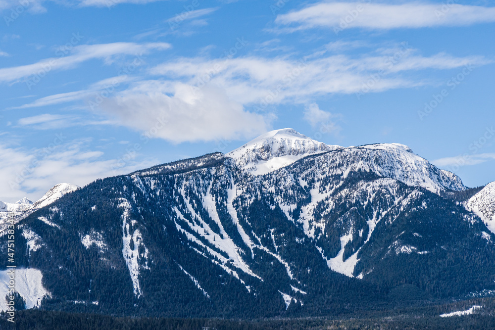 panorama of high mountains covered by snow cloudy blue sky british columbia canada