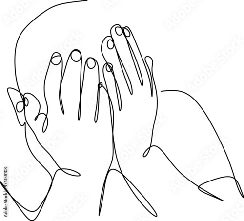 continuous drawing of a man covering his face with his hands, a concept of psychology. Despair, anxiety