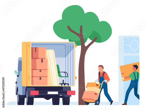 Moving service. Men carrying cardboard boxes to delivery truck
