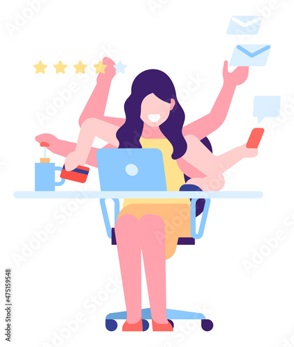 Busy woman with many arms doing work. Multitasking concept
