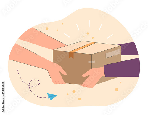 Hands of courier passing package to hands of customer. Person delivering gift or object in carton box flat vector illustration. Delivery, mail concept for banner, website design or landing web page