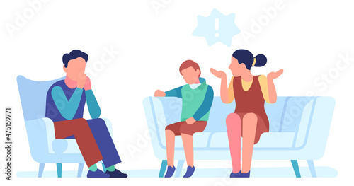 Man listening mother talking about kid behavior. Child problem