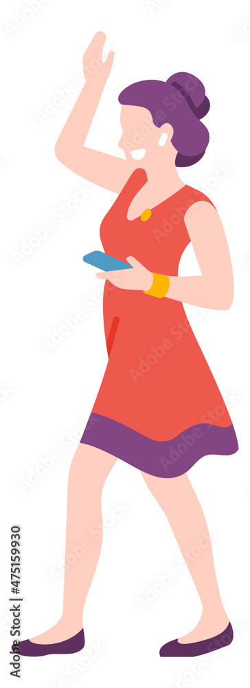 Young woman with phone raising hand in greeting gesture