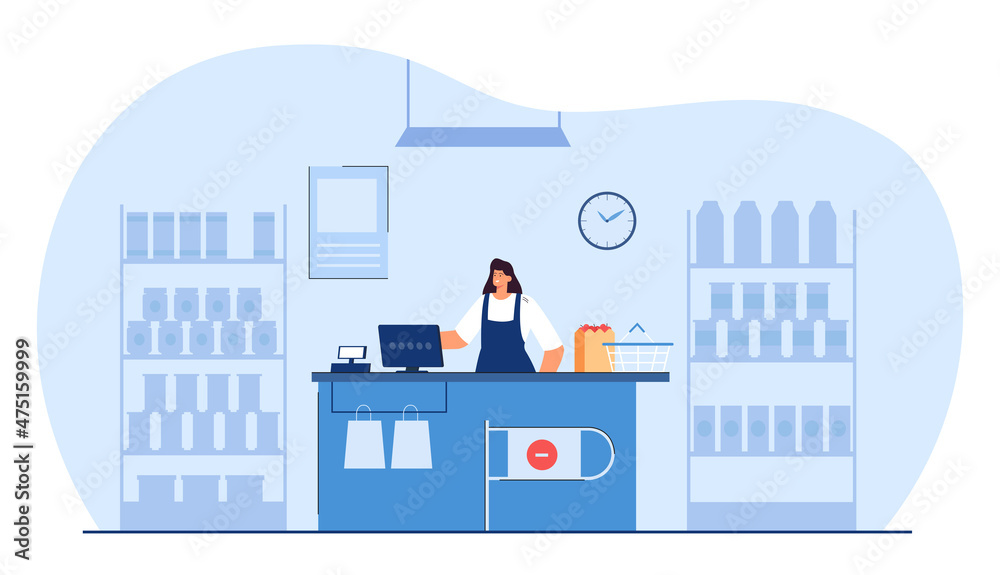 Supermarket interior with cashier at checkout. Female worker at cash register in shop flat vector illustration. Grocery shopping, retail concept for banner, website design or landing web page