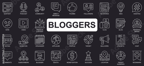Bloggers concept simple line icons set. Bundle of content, podcast, comment, followers, personal brand, rating, donation, target and other. Vector pack outline symbols for website or mobile app design