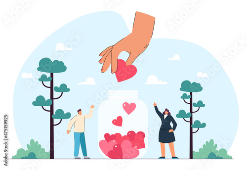 Hand of person putting heart in jar as symbol of donation. Generous help, giving love and hope flat vector illustration. Charity, support, community service concept for banner or landing web page