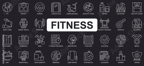 Fitness concept simple line icons set. Bundle of fit, weight, cardio, gym, exercise bike, training, swimming, running, diet and other. Vector pack outline symbols for website or mobile app design