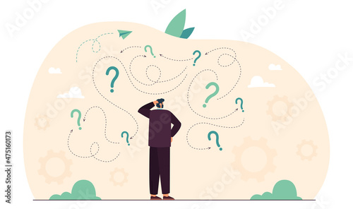 Business person making right decision among different options. Question marks around man, strategy for achieving success or goal flat vector illustration. Choice, decision concept for website design