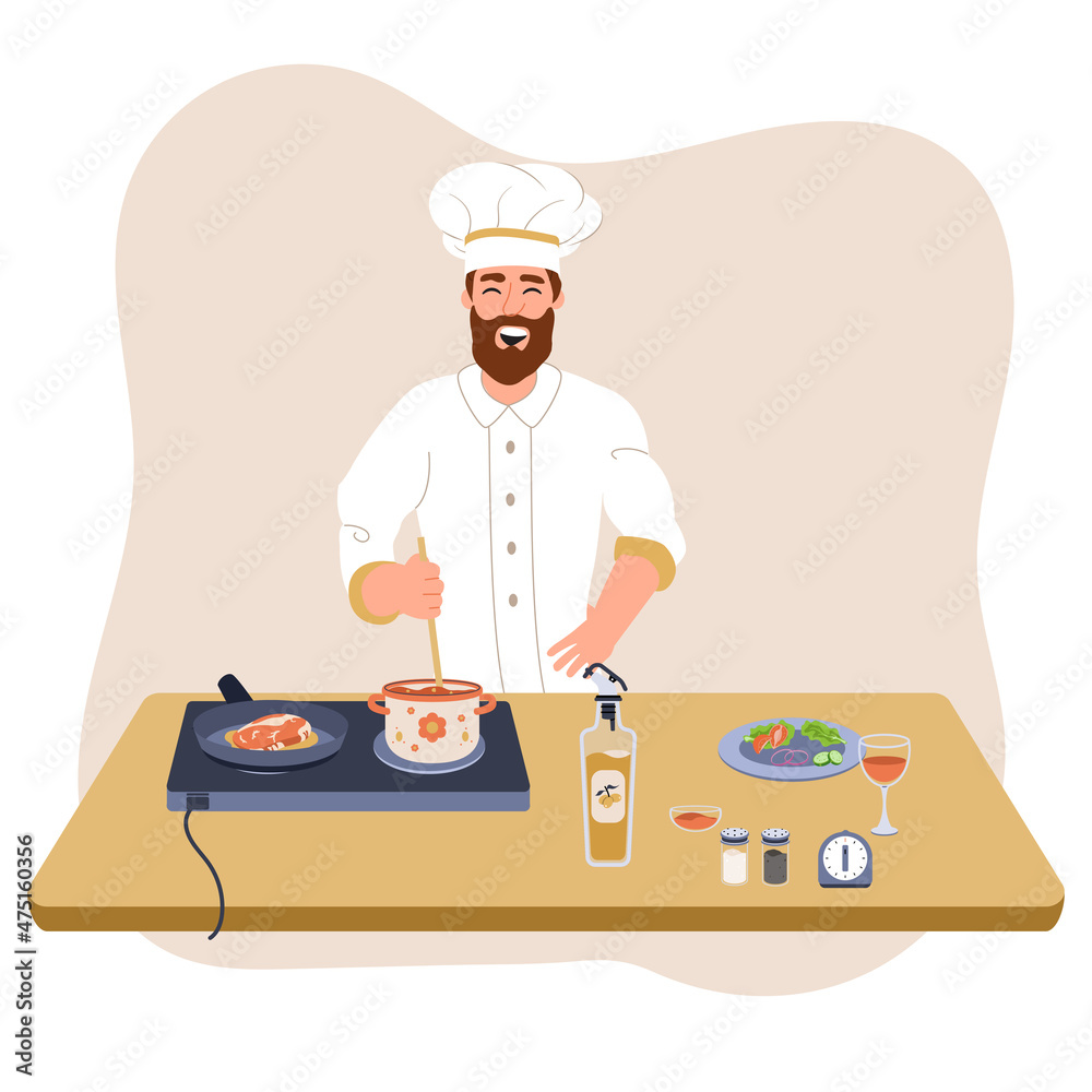 Man cooking in kitchen. Bearded chef male wearing toque stirring soup. Person wearing chefs hat preparing food. Man cooking at home. Cartoon vector illustration isolated on white. - obrazy, fototapety, plakaty 