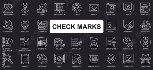 Check marks concept simple line icons set. Bundle of email, shield, hand, presentation, target, money, approved, reply, contract and other. Vector pack outline symbols for website or mobile app design