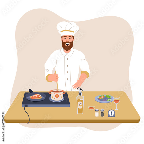 Man cooking in kitchen. Bearded chef male wearing toque stirring soup. Person wearing chefs hat preparing food. Man cooking at home. Cartoon vector illustration isolated on white.