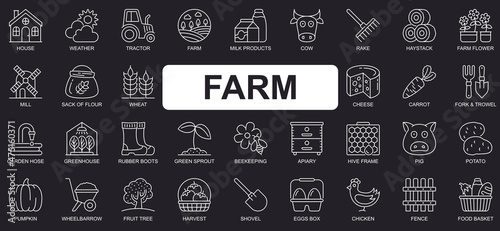 Farm concept simple line icons set. Bundle of house, tractor, milk products, cow, cheese, carrot, garden, greenhouse, beekeeping and other. Vector pack outline symbols for website or mobile app design