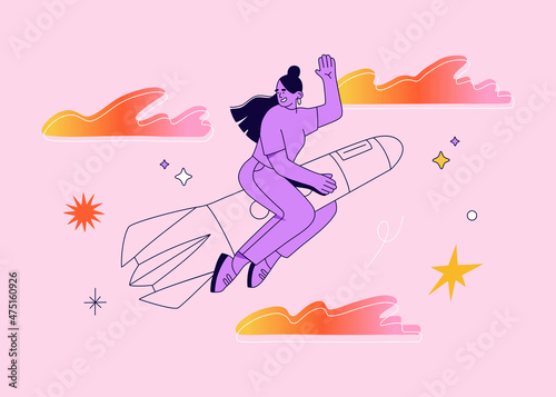 Young girl flying on the rocket in sky. Businesswoman aim for a goal. Launch and development of start ups. Hand drawn vector illustration isolated on purple background. Modern flat cartoon style.