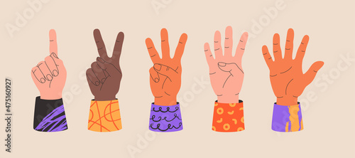 Set of gestures human hands various races, showing fingers to count from one to five. Colorful vector illustration isolated on light background. Hand drawn modern flat cartoon style.
