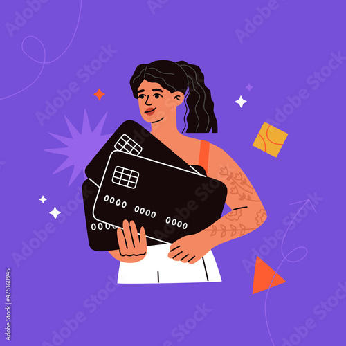 Young woman holds a many credit cards. Personal finance. Digital money for business, online shopping, secure payment. Hand drawn vector illustration isolated on blue background. Flat cartoon style.