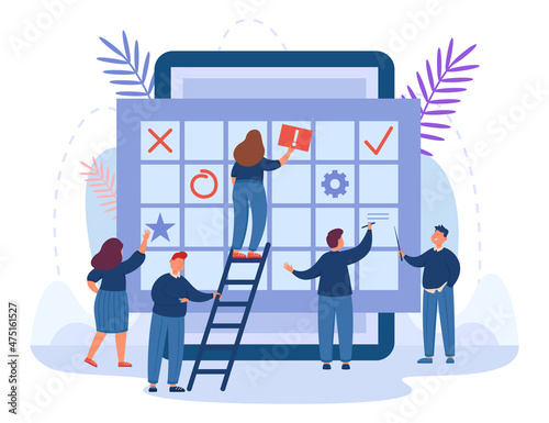 Tiny people using appointment calendar app for planning events. Male and female employees with online deadline reminder, planner schedule flat vector illustration. Time management, organizer concept
