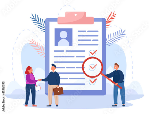 Business people writing agreement, shaking hands. Tiny man with magnifying glass researching checklist document on clipboard paper flat vector illustration. Survey, paperwork management concept