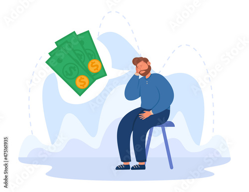 Unhappy sad poor man thinking about money problem and credits. Stress and despair of worried upset person with financial troubles flat vector illustration. Bankruptcy, poverty, frustration concept
