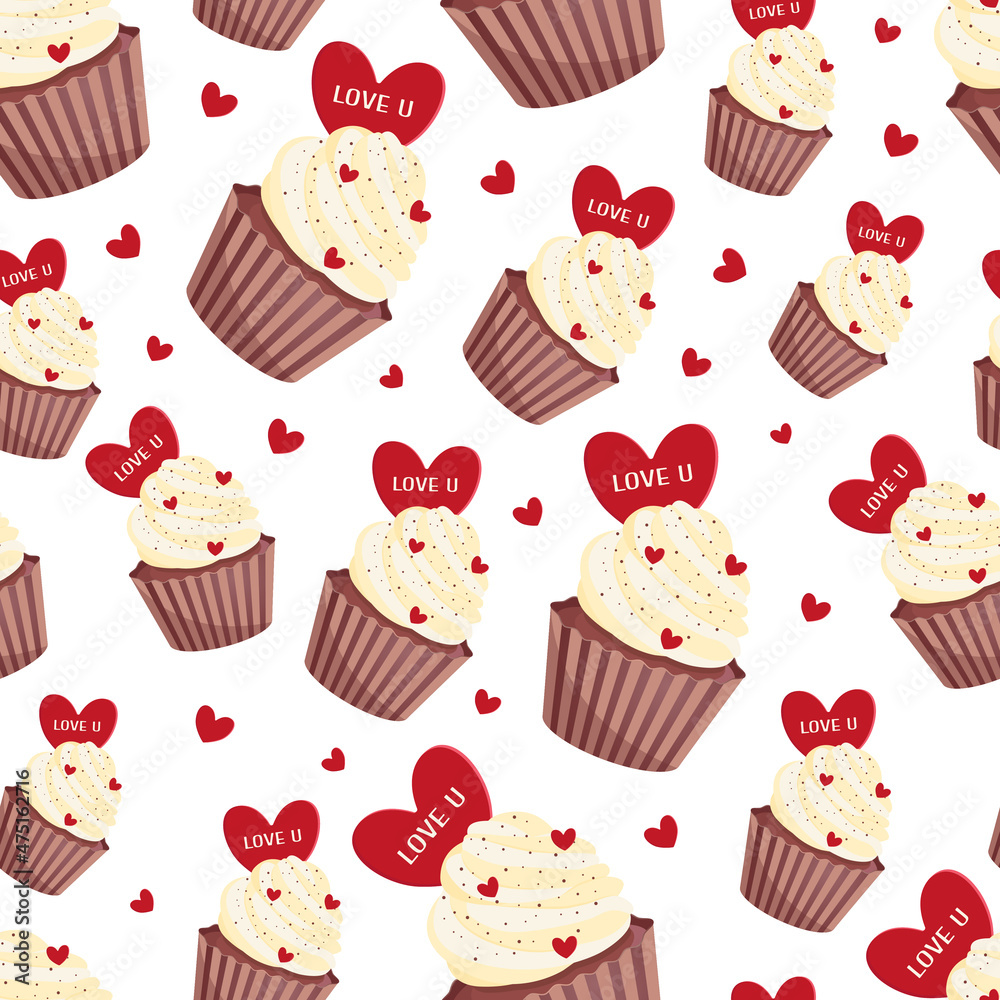 Cupcake seamless pattern for Valentine's Day. Background for gift boxes, wrapping paper, wallpapers, textiles, papers, fabrics, web pages Cupcake seamless pattern for Valentine's Day. Background for gift boxes, wrapping paper, wallpapers, textiles, papers, fabrics, web pages
