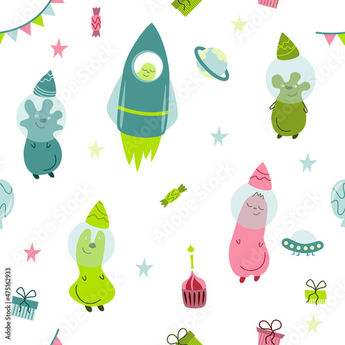 Vector children's seamless pattern on a space theme. Aliens, rocket, cupcake, balloons and so on.