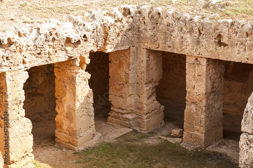Ancient ruins of underground tomb in Tombs of the Kings. Paphos District, Cyprus.