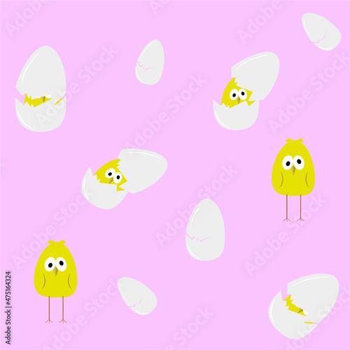 Delicate seamless pattern with cute yellow chickens in a cracked egg and eggshell on a pink background. baby fabric design.