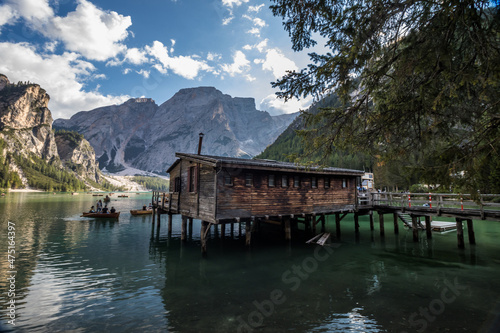 Sunny day on Lake Braies in Dolomites in Italy