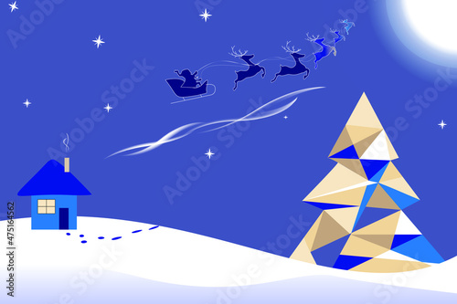 silhouette of santa on sleigh with reindeer rushes to the moon above the house and creative christmas tree