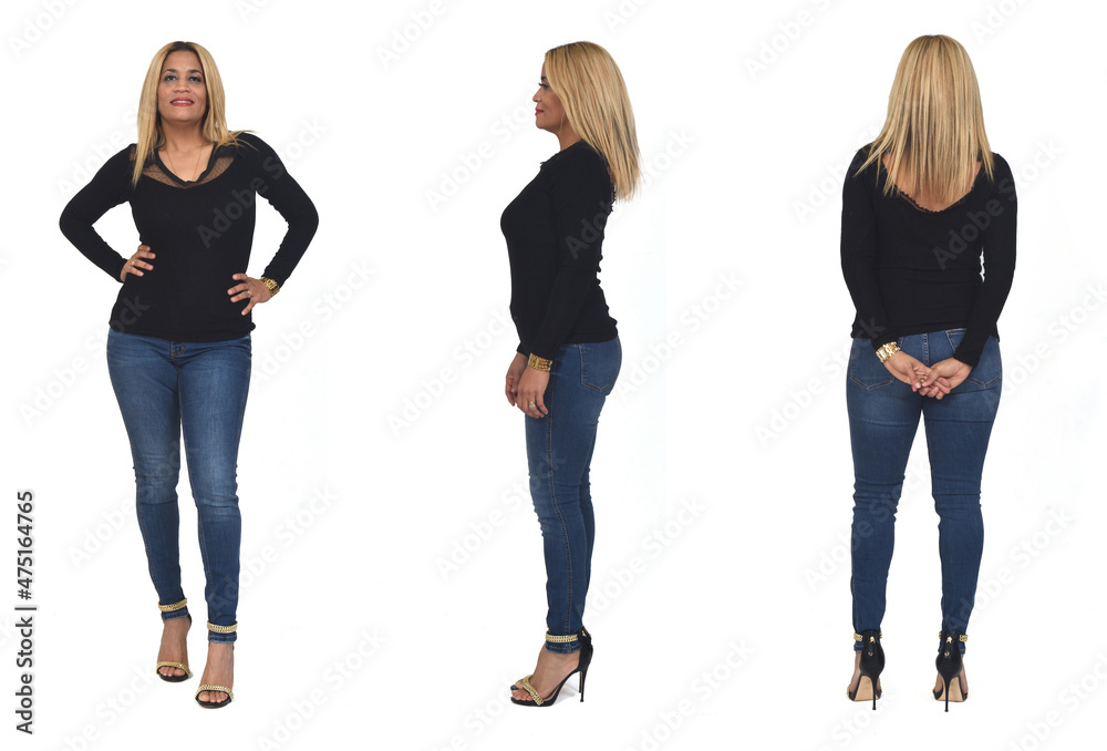 view of the same woman in profile, front and back view on white background