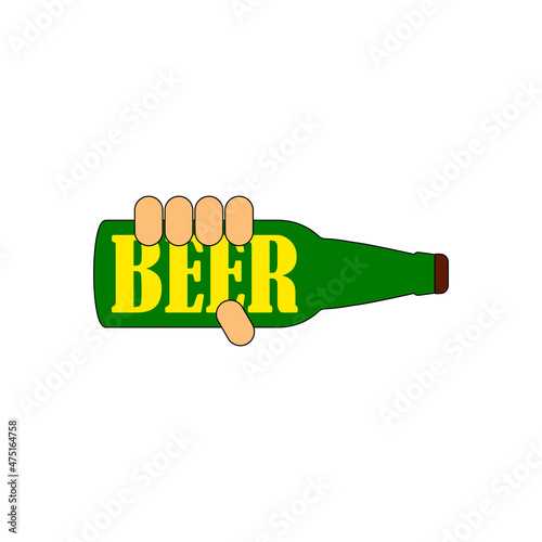 Hand holds a bottle of beer. Inscription beer. Colored isolated vector illustration. Drawing on white background.