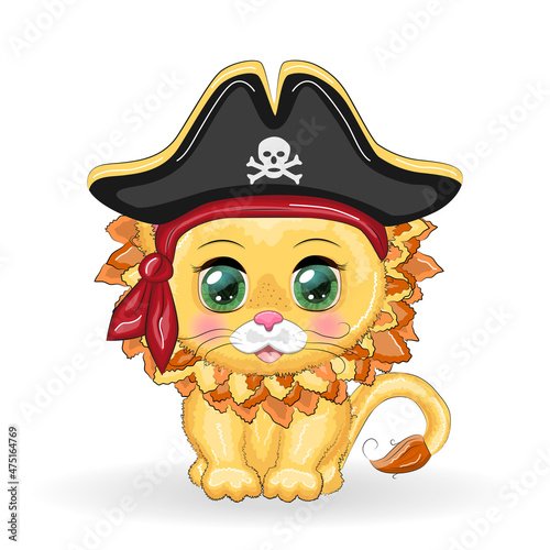 Lion pirate, cartoon character of the game, wild animal cat in a bandana and a cocked hat with a skull, with an eye patch. Character with bright eyes